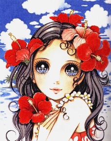 美麗夏威夷長髮少女卡通插畫图片