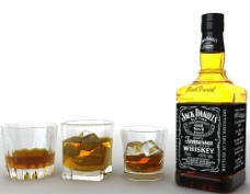 Jack Daniel洋酒和酒杯冰块3D素材图片